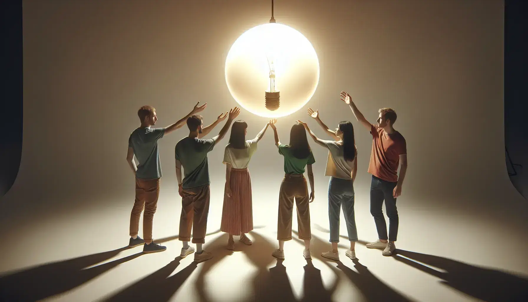 Grupo de cinco personas de diversas edades extendiendo la mano hacia una bombilla iluminada sin cables en un fondo claro.