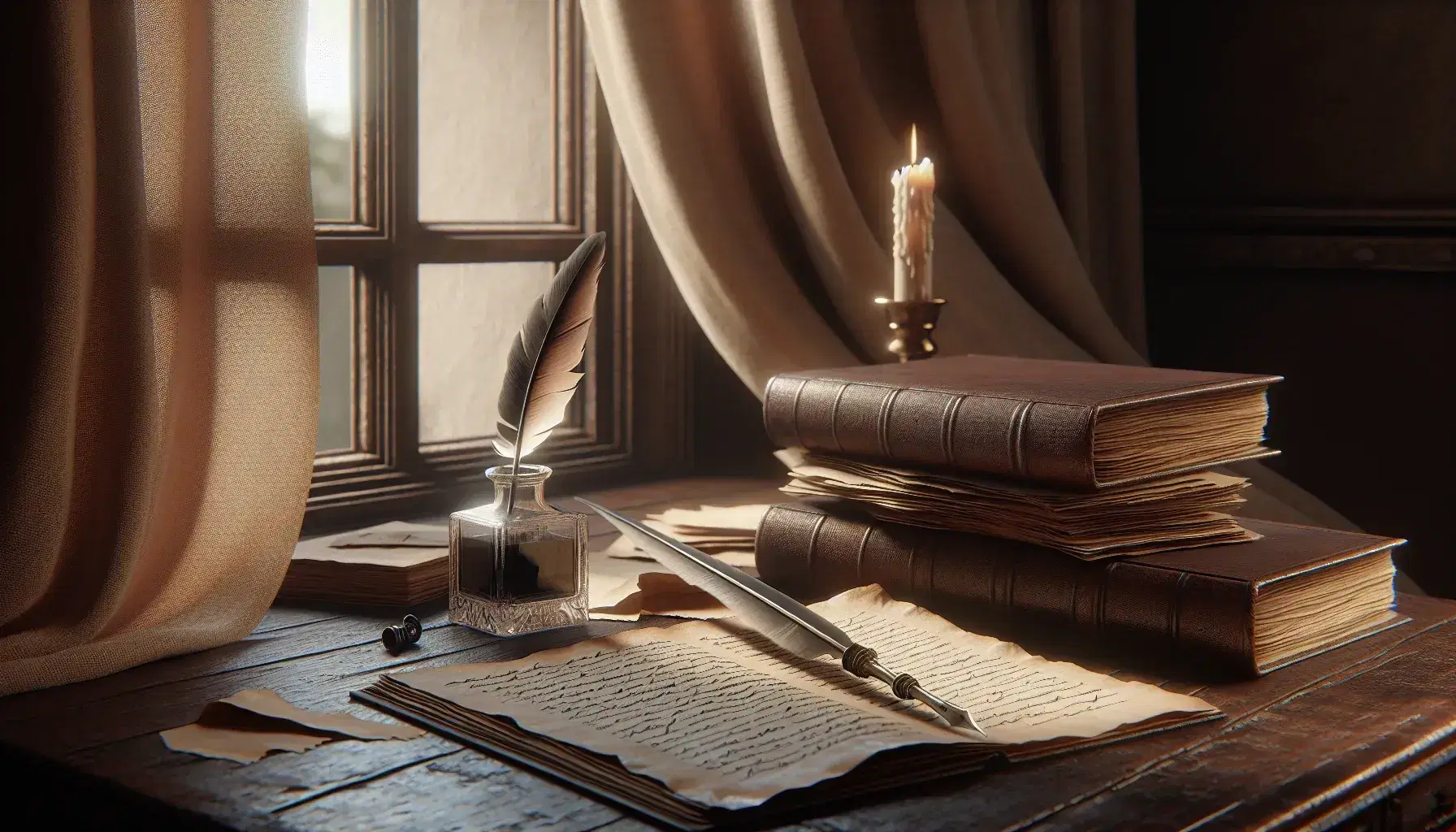 Scrivania in legno scuro con libro in pelle, penna d'oca, calamaio di vetro e candela, davanti a una finestra con tende beige.