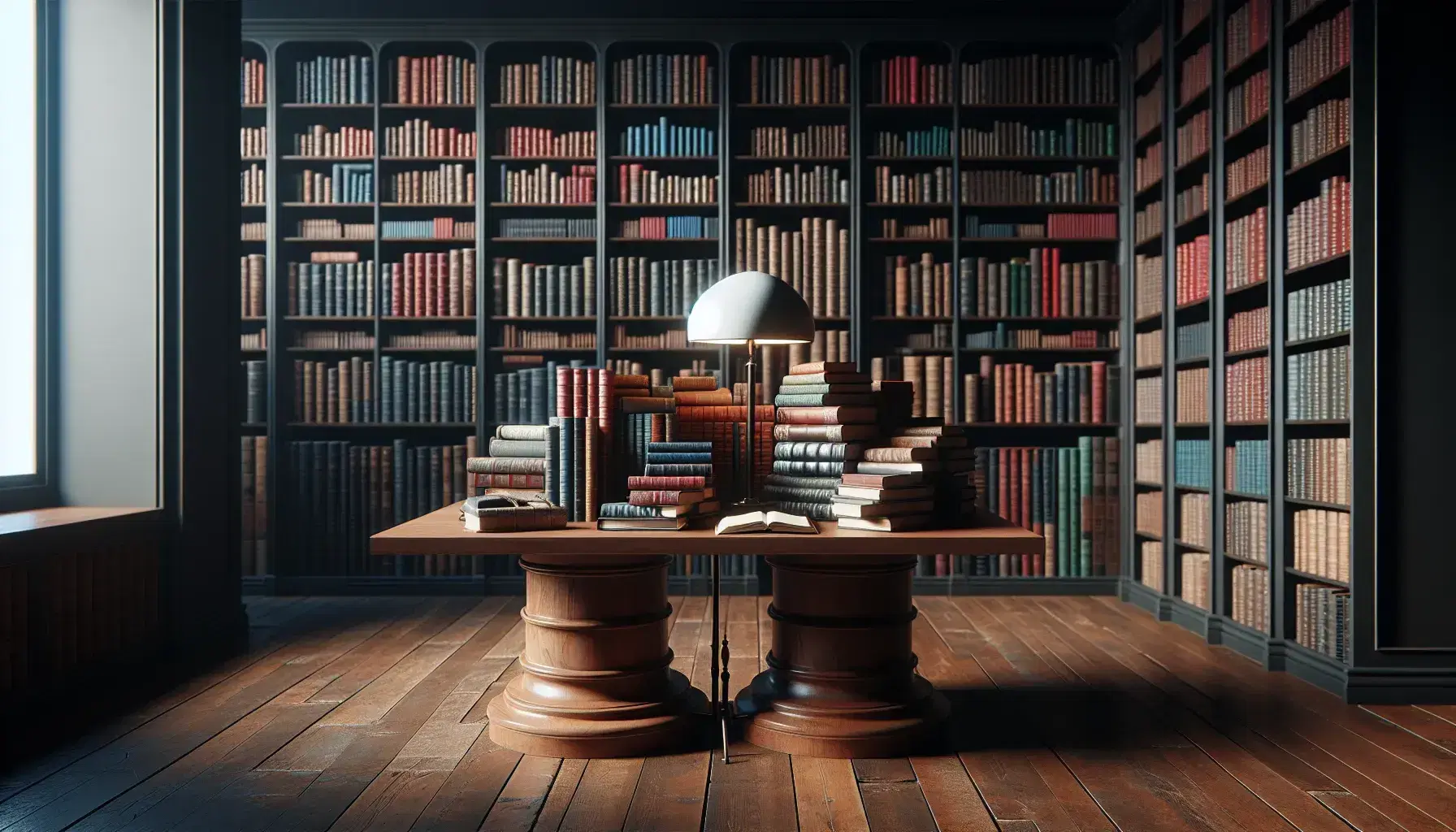 Biblioteca acogedora con estantes de madera oscura llenos de libros variados, mesa con lámpara y lupa sobre libros apilados, ambiente cálido.