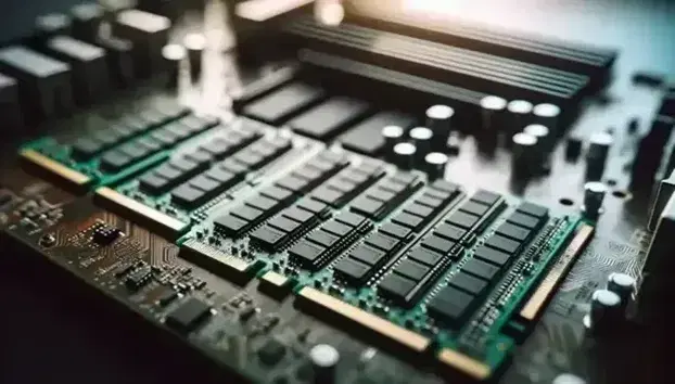 Moduli RAM verdi con chip neri e contatti dorati in diagonale su sfondo sfocato di scheda madre.