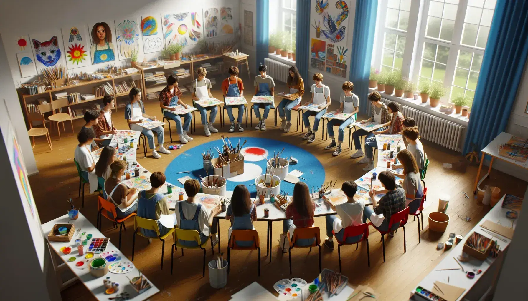 Studenti adolescenti impegnati in attività di pittura e disegno seduti in cerchio in una luminosa aula scolastica.
