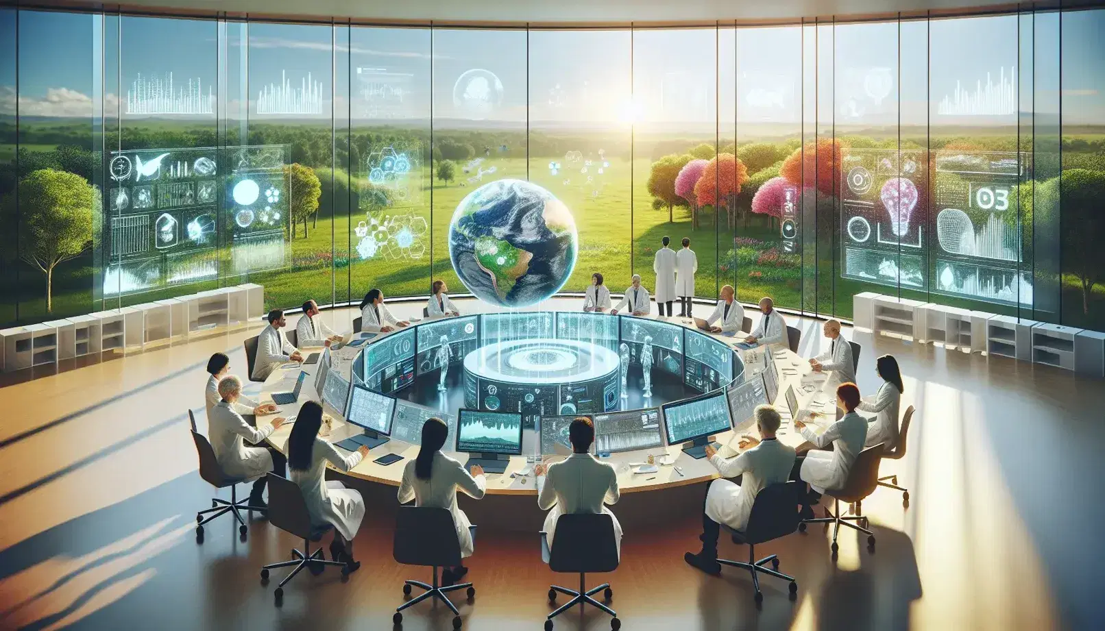 Group of multi-ethnic scientists in a modern conference room with technological devices, analyze a 3D globe, overlooking a green landscape.