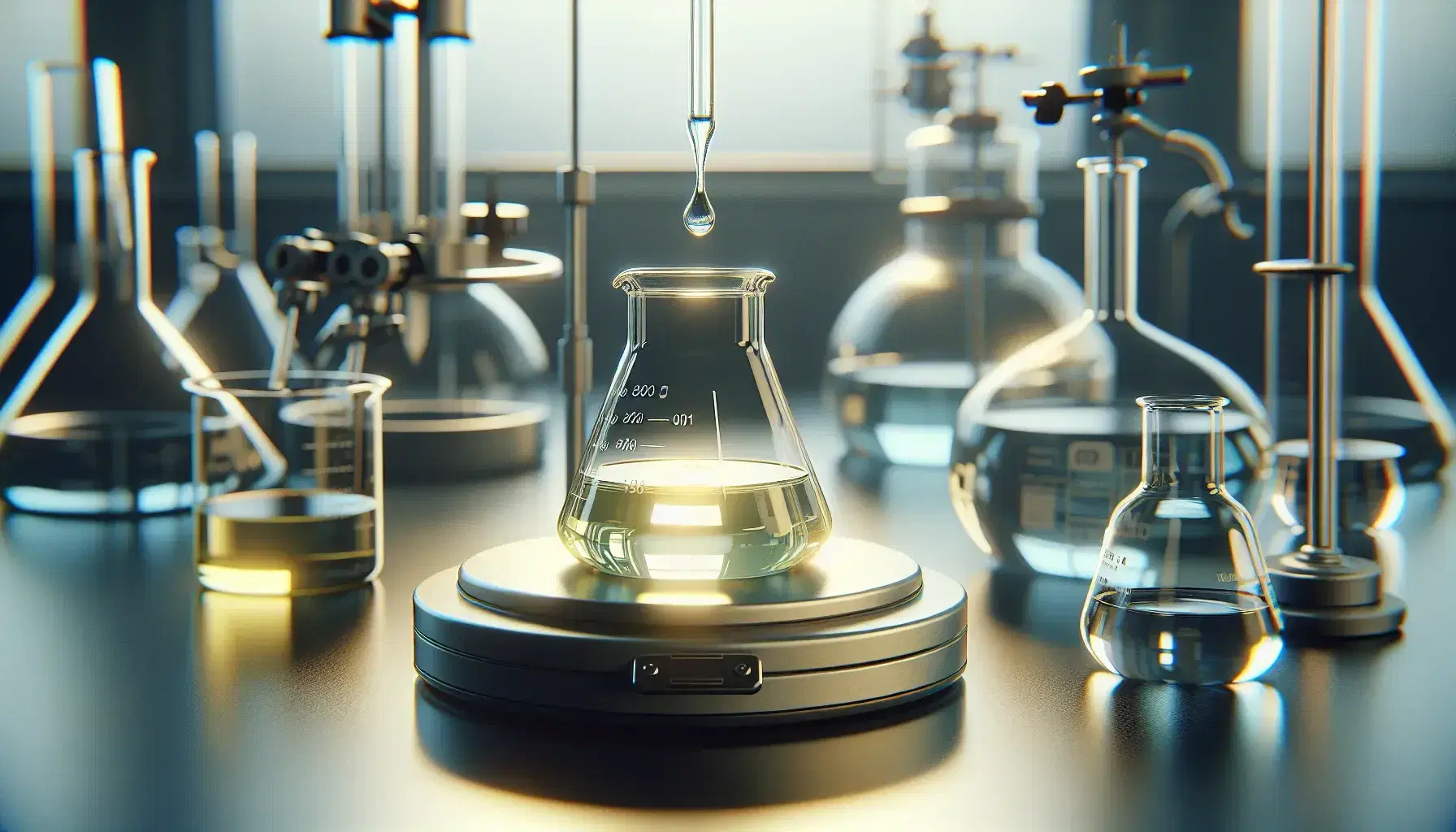 Glass bottle with pale yellow liquid mixed by magnetic stirrer in laboratory, pipette adds reagent, laboratory equipment on background.