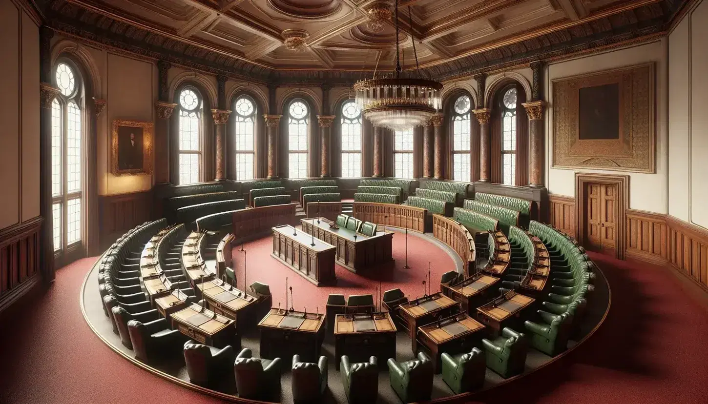 Sala storica di un parlamento con scrivanie in legno a semicerchio, sedili in pelle verde, tappeto rosso, podio con microfono e lampadario in cristallo.