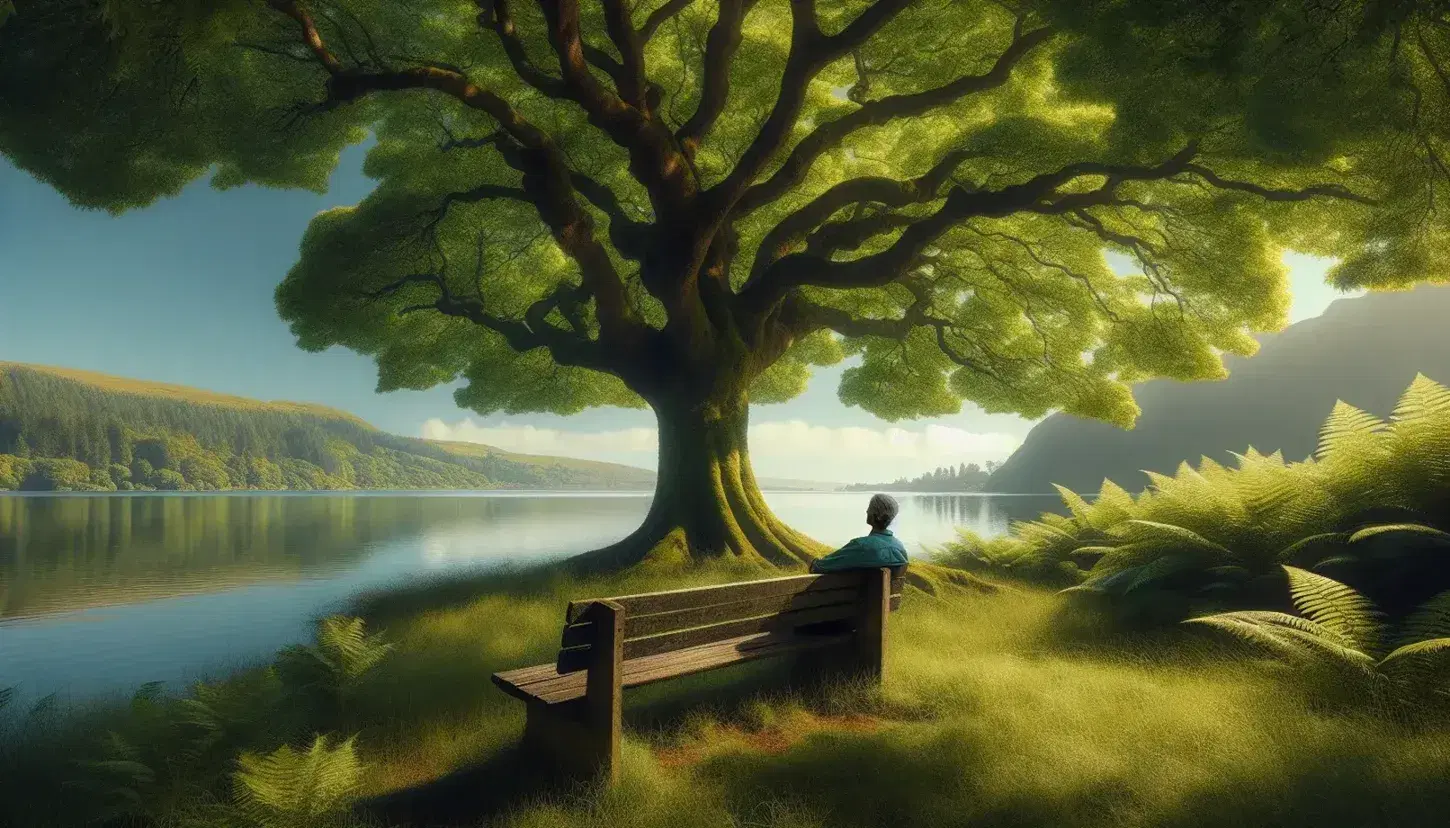 Person sitting on a wooden bench under a large tree with green leaves, in front of a calm lake, surrounded by nature and tranquility.