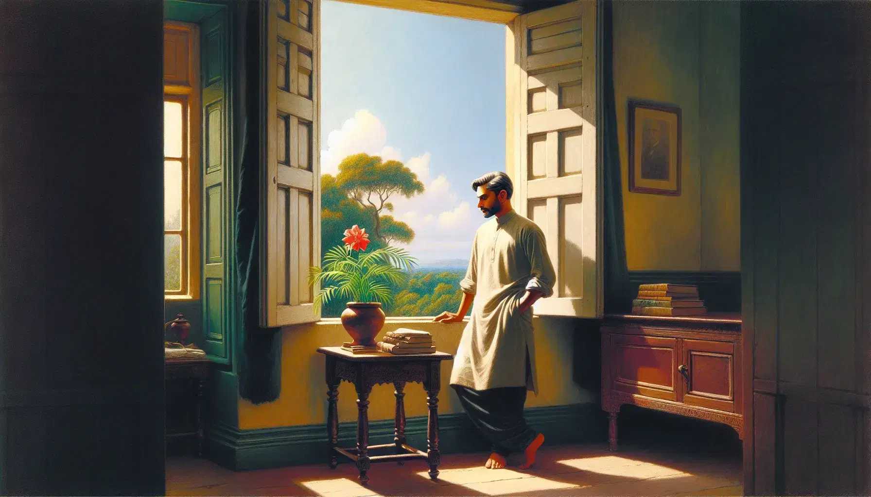 Middle-aged South Asian man stands thoughtfully by an open window overlooking a green landscape, with a potted plant and a vase with a red flower nearby.