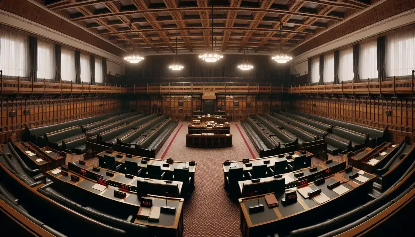 Interno vuoto di un'aula parlamentare con scrivanie in legno scuro a semicerchio, podio centrale e bandiere laterali.