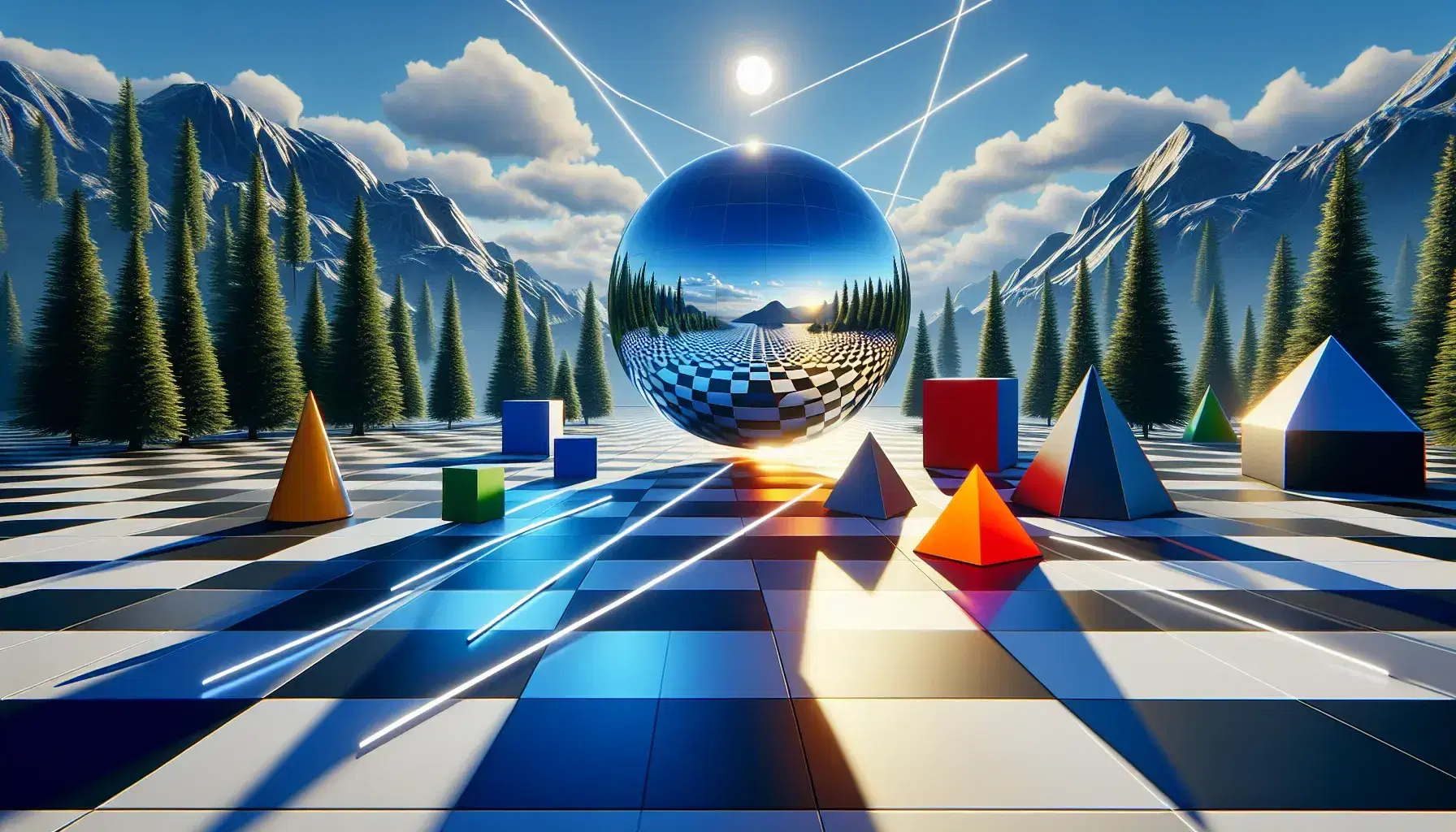 Reflective sphere on a checkered floor with diverse geometric shapes and genuine shadows, showcasing ray tracing in a 3D game landscape with mountains and sky.