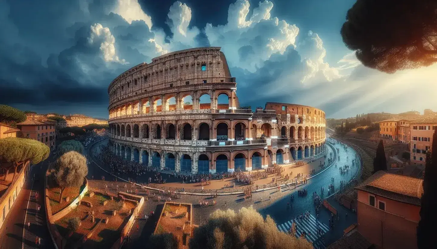 Vista panoramica del Colosseo illuminato dal sole con cielo azzurro, turisti che passeggiano e alberi verdi circostanti.