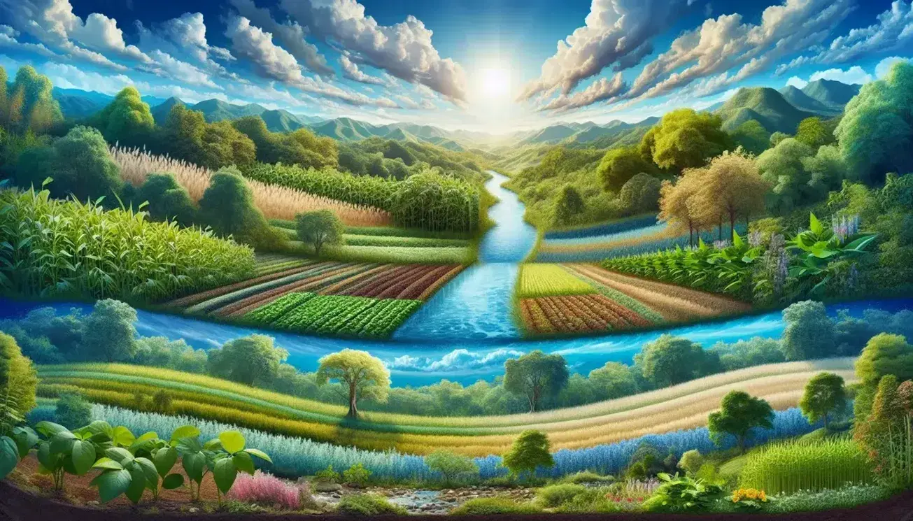Paesaggio naturale con terreno fertile e coltivazioni variegate, fiume serpeggiante con riflessi azzurri e alberi fioriti, cielo azzurro con sole luminoso.