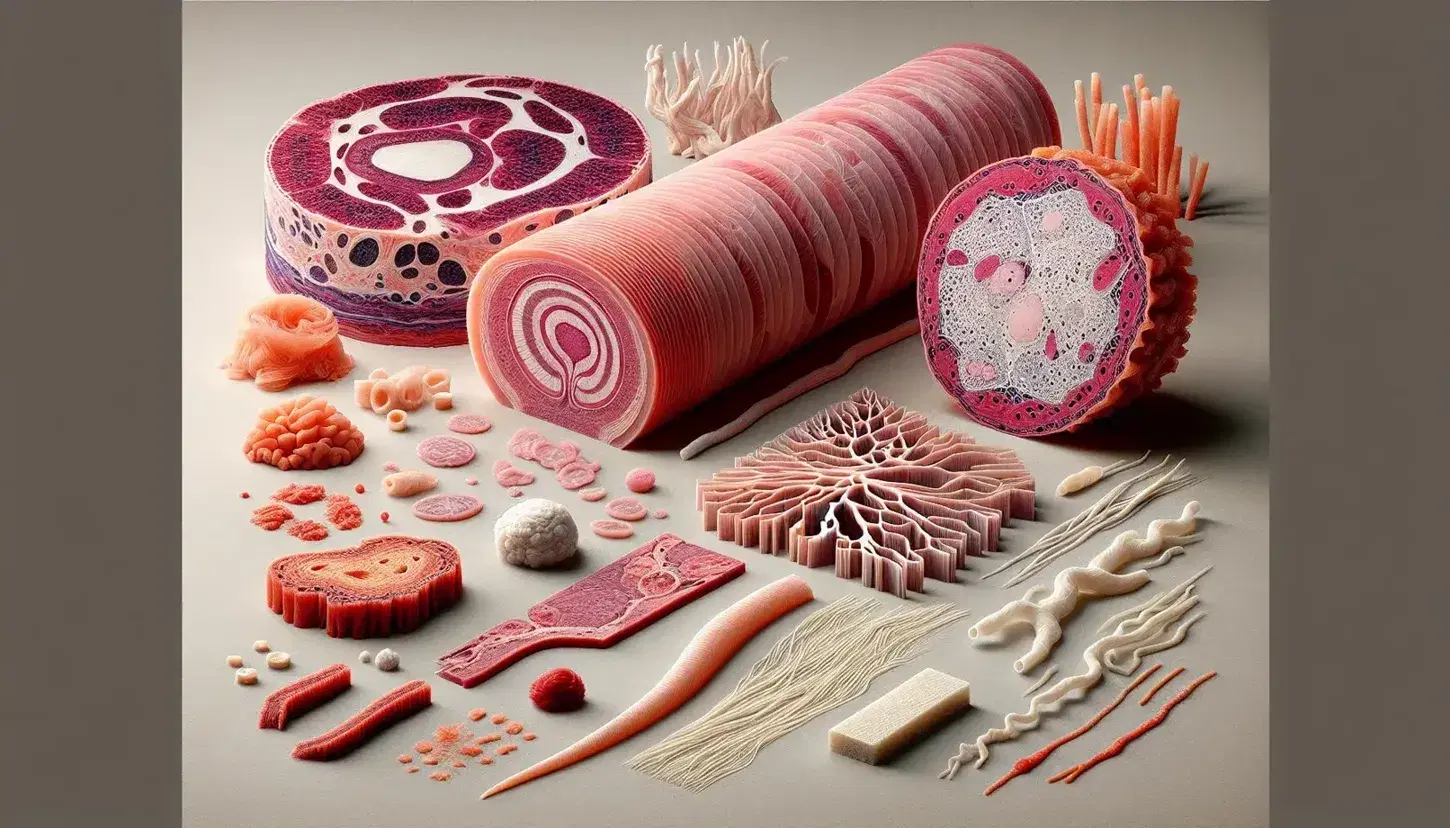 Sección transversal de tejido muscular rosa, lámina de tejido epitelial, estructura ramificada de tejido conectivo, muestra de tejido sanguíneo rojo y estructura alargada de tejido nervioso sobre superficie neutra.