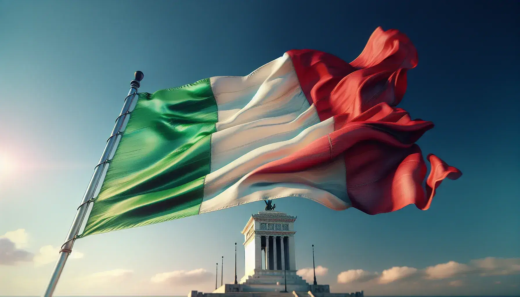 Bandiera italiana sventolante su asta metallica con sfondo cielo azzurro e monumento in marmo, simbolo di orgoglio nazionale.