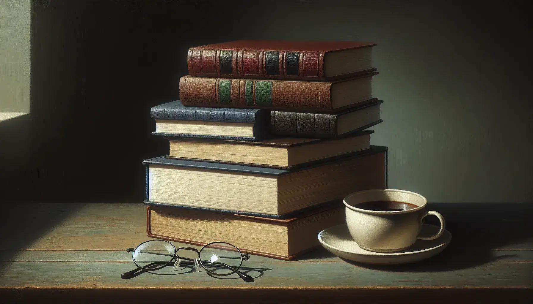 Stacked hardcover books in muted colors with round wire-framed glasses on top, beside a white mug with steam, on a wooden table with a blurred potted plant.