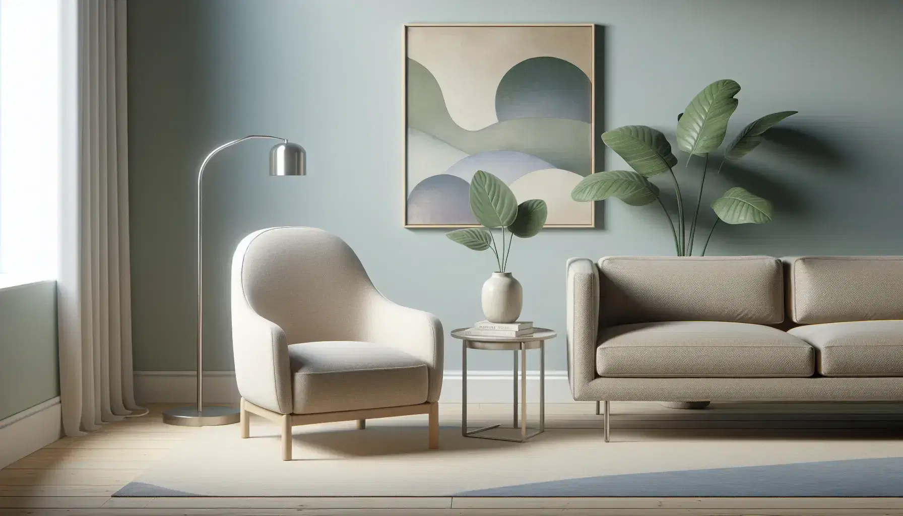 Serene therapy room with beige armchair, matching sofa, coffee table with green plant, floor lamp, abstract art and bright window.
