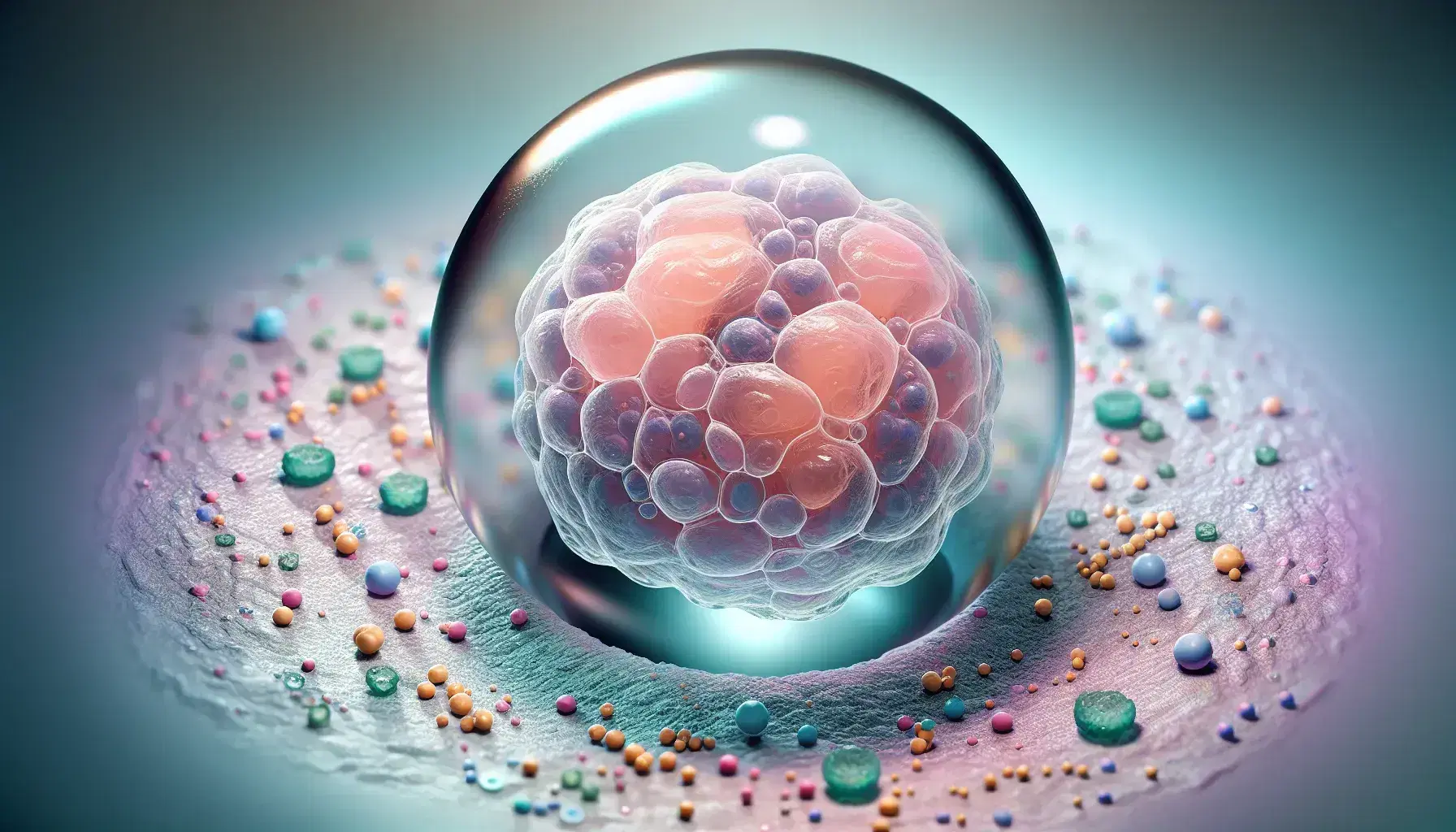 Cellula gigante al microscopio con membrana visibile e molecole colorate sparse intorno, in un campo visivo sfumato grigio.