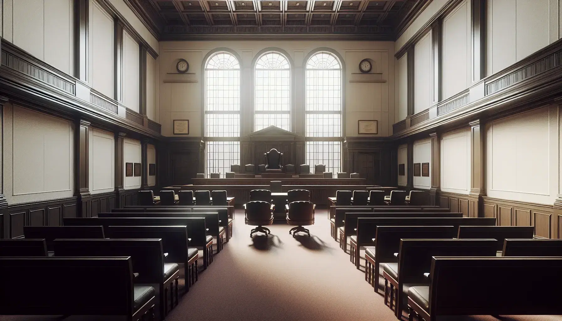 Aula di tribunale vuota e solenne con banco del giudice in legno scuro, sedie per avvocati, banchi per il pubblico e moquette rossa.