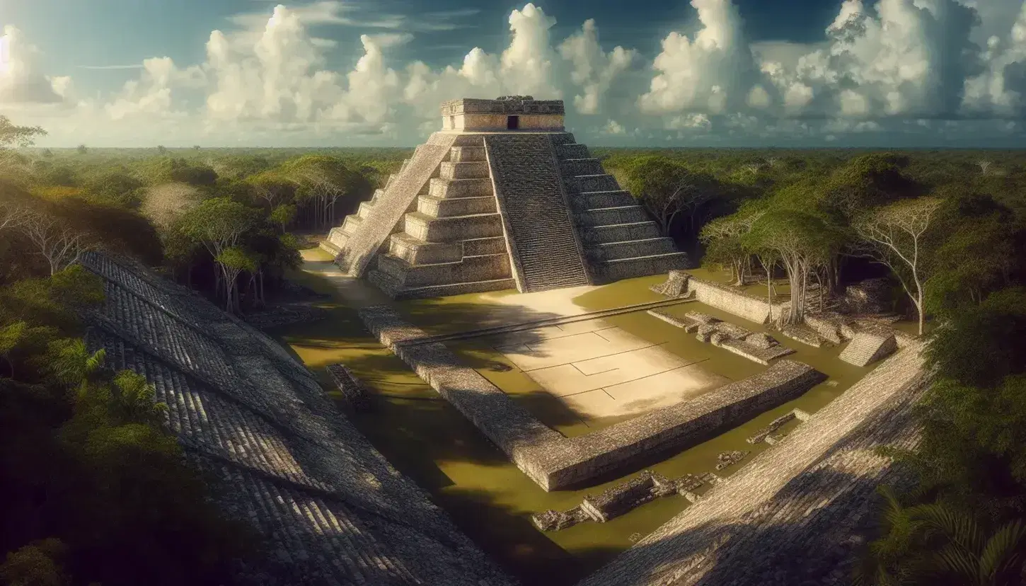 Vista panorámica de ruinas mayas con pirámide escalonada y cancha de juego de pelota, rodeadas de vegetación selvática y cielo parcialmente nublado.