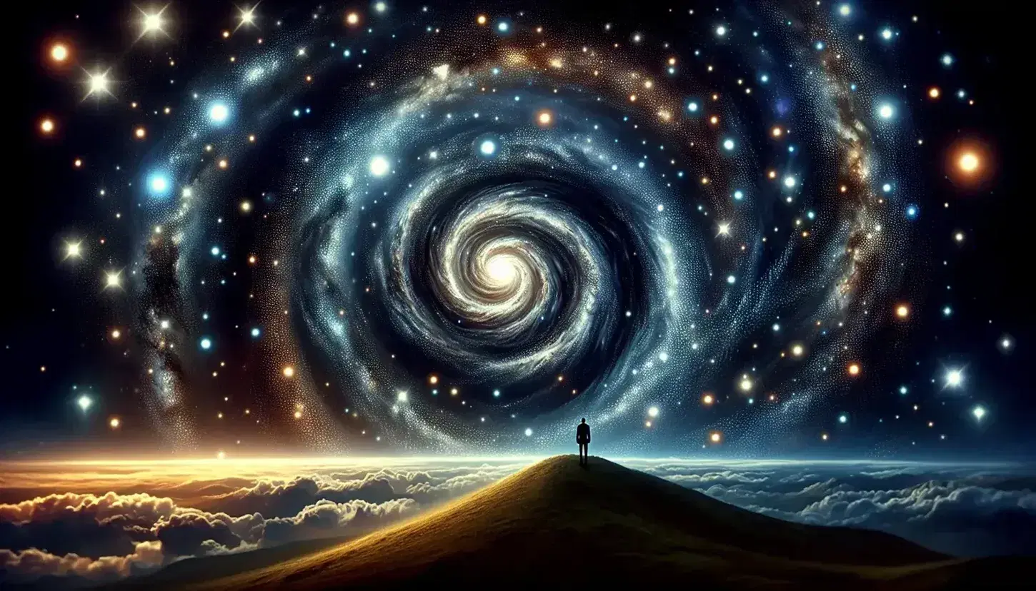 Cielo notturno stellato con galassia a spirale centrale, figura umana in silhouette su collina osserva l'universo.