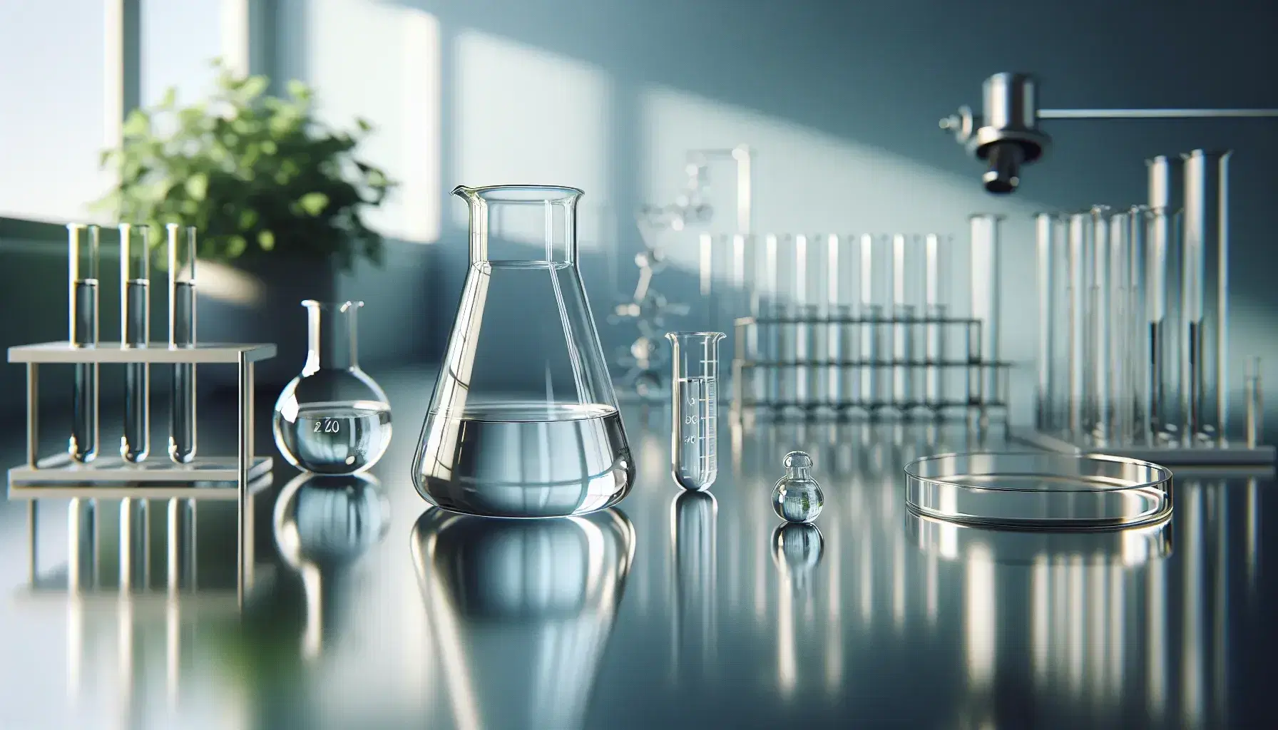 Serene laboratory with clear glass container on metal surface, surrounded by scientific glassware and touch of greenery at the bottom.
