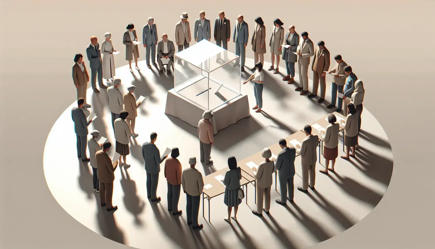 Grupo diverso de personas votando en urna transparente sobre mesa en ambiente neutro sin símbolos visibles.