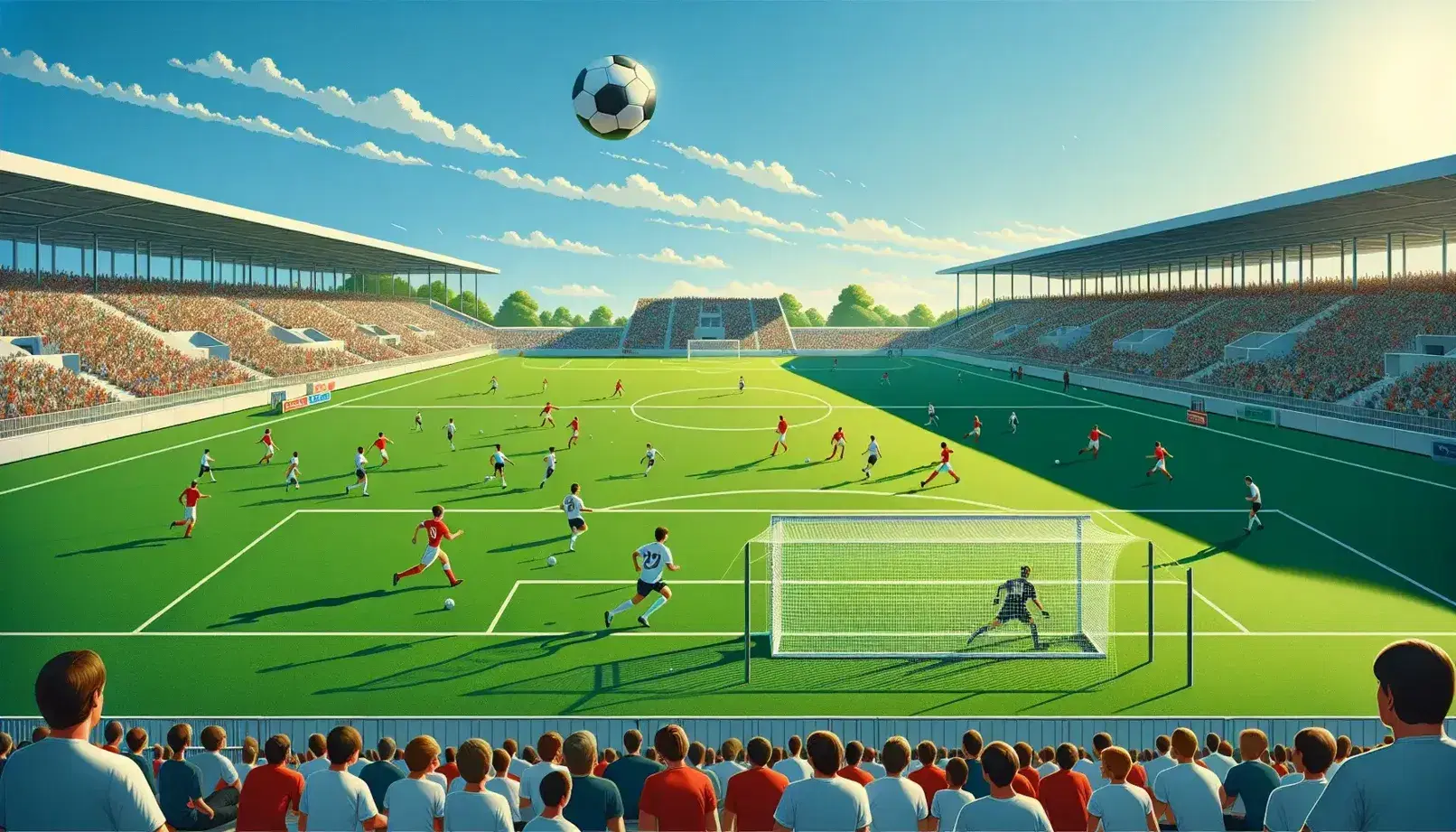 Campo de fútbol con césped verde, líneas blancas, portería y jugadores con uniformes rojos y azules disputando un balón, con gradas y árboles al fondo bajo un cielo azul.