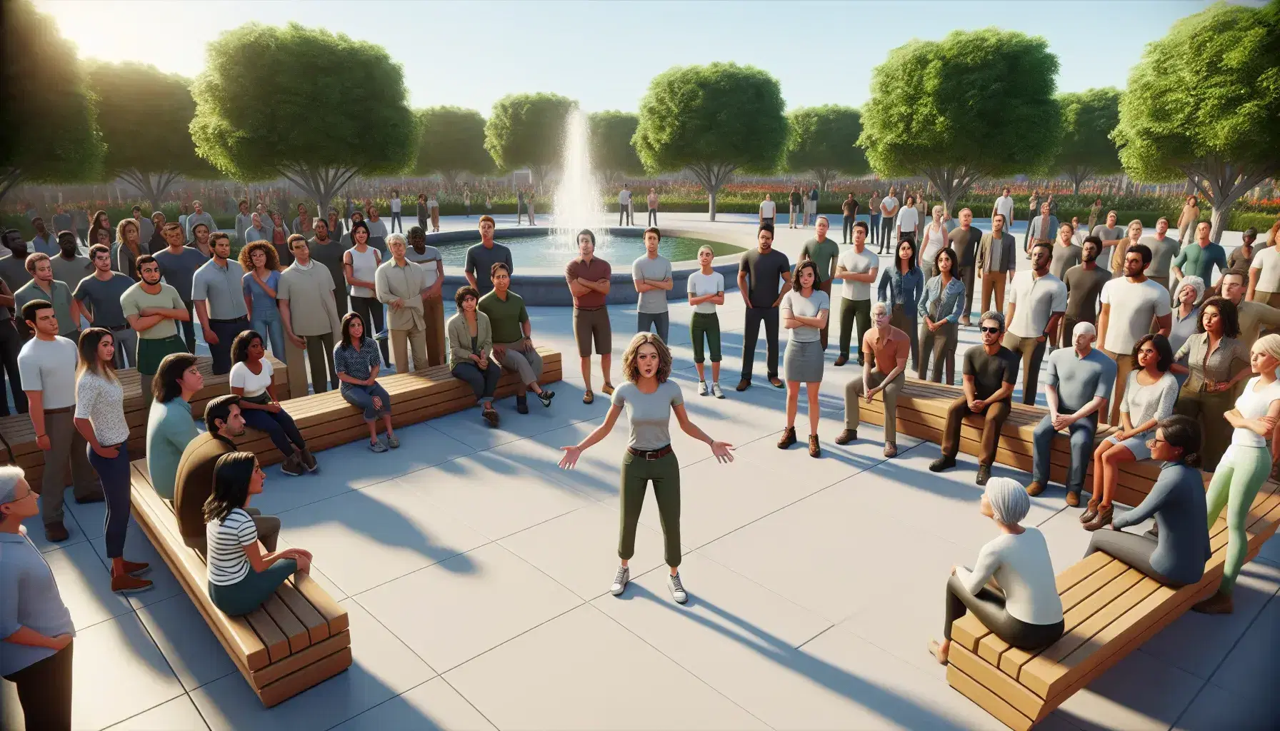 Grupo diverso de personas reunidas en un parque escuchando a una mujer que parece explicar algo, con bancos, una fuente y árboles en un día soleado.