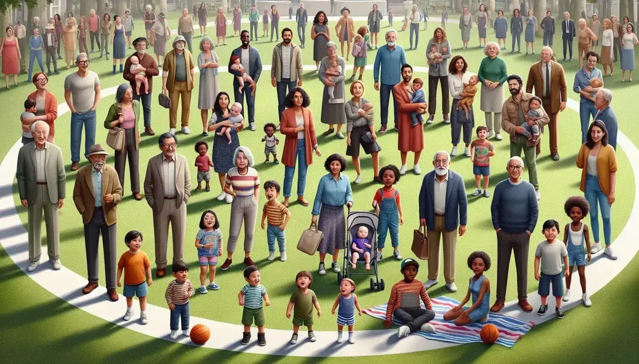 Multi-ethnic and multi-generational group in park, from newborns to elderly people, playing and conversing in a peaceful community atmosphere.