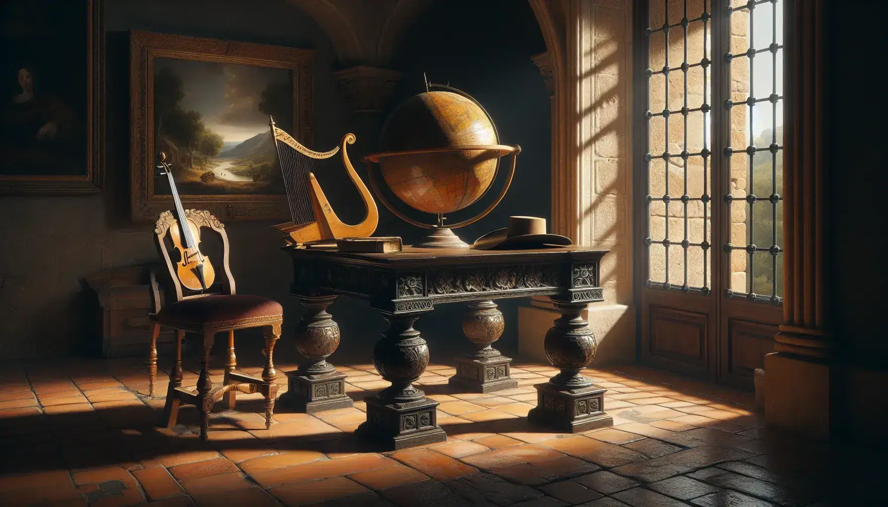 Escena de estudio del Siglo de Oro español con mesa de madera y globo terráqueo, silla con sombrero de ala ancha, ventana arqueada, caballete con pintura inacabada, tintero y paleta de pintura.