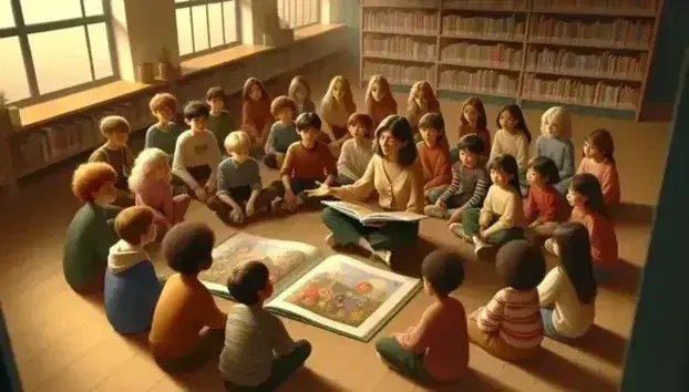 Grupo diverso de niños atentos a una mujer leyendo un libro ilustrado en una biblioteca, rodeados de estantes con libros coloridos.