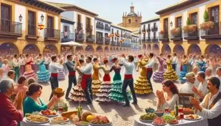 Lively Spanish festival with traditional dancers in colorful attire, onlookers clapping, and a table of tapas in a quaint town square.