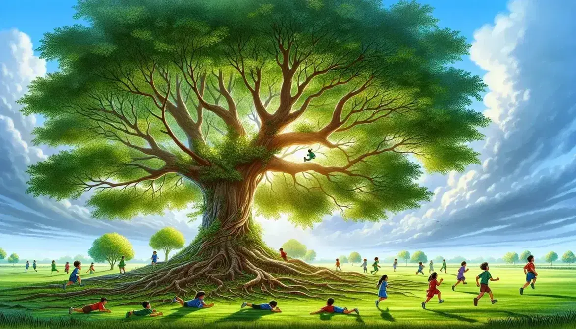 Albero maestoso con radici spesse e foglie verdi in un prato dove bambini giocano sotto un cielo sereno.