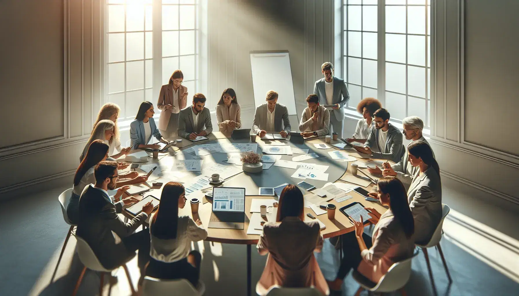 Grupo diverso de profesionales en reunión de trabajo colaborativo alrededor de una mesa redonda con dispositivos electrónicos, papeles y tazas de café en una sala iluminada naturalmente.