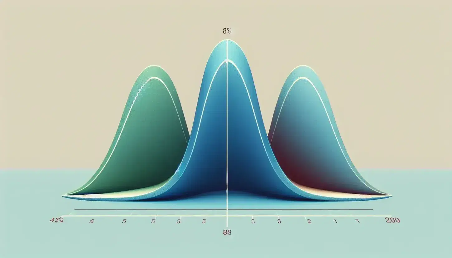 Three bell-shaped curves aligned on the same mean, varying in width and height, with colors blue, green, and red, representing different data distributions.