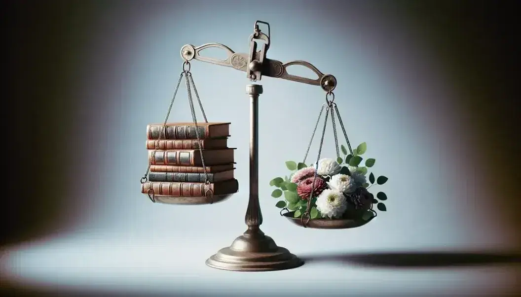 Bilancia antica in equilibrio con libri impilati in pelle su un piatto e mazzo di fiori freschi sull'altro, su sfondo sfumato grigio-bianco.