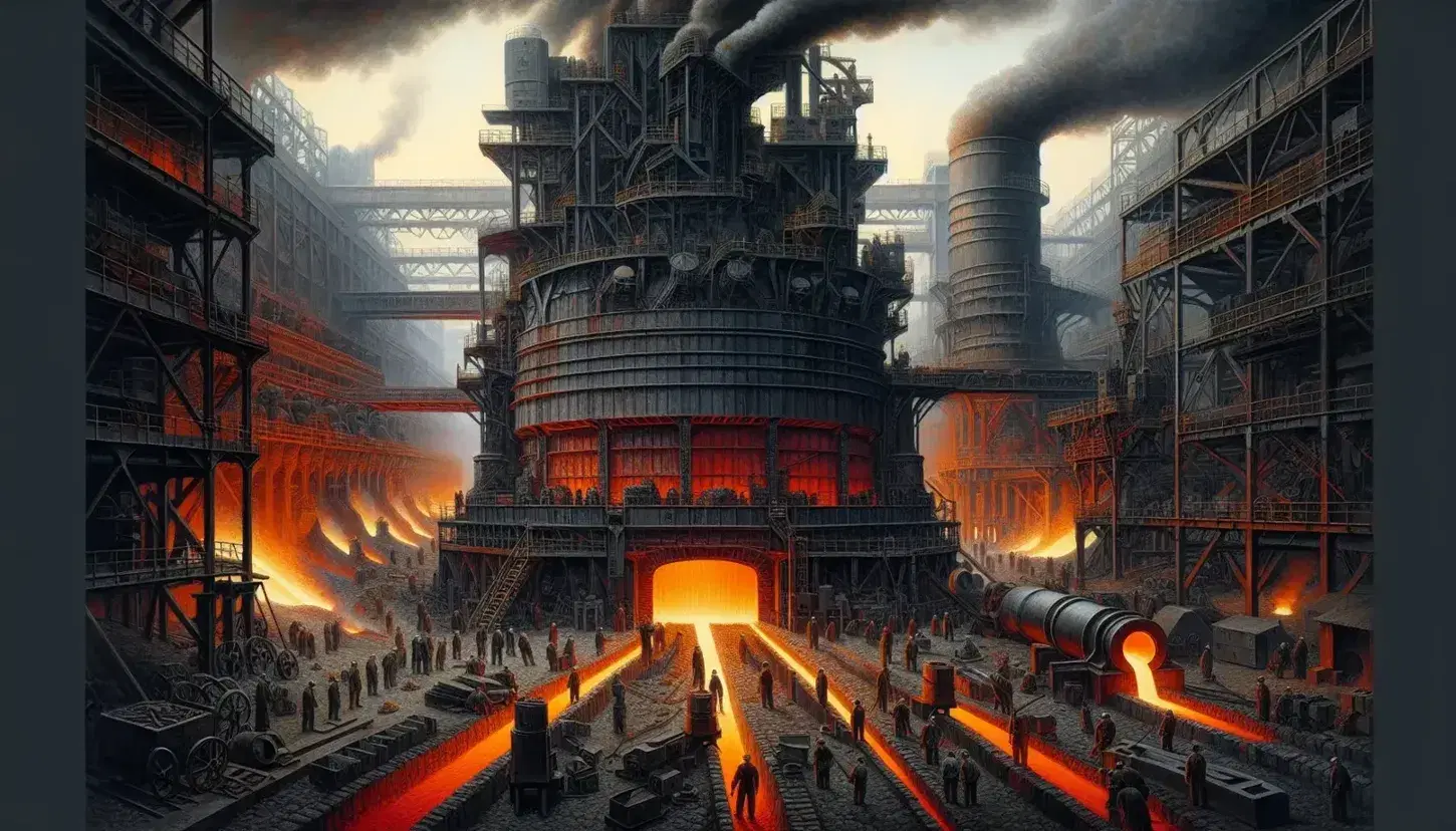 Fonderia d'acciaio in piena attività durante la Seconda Rivoluzione Industriale, con operai, altoforno e macchinari industriali.