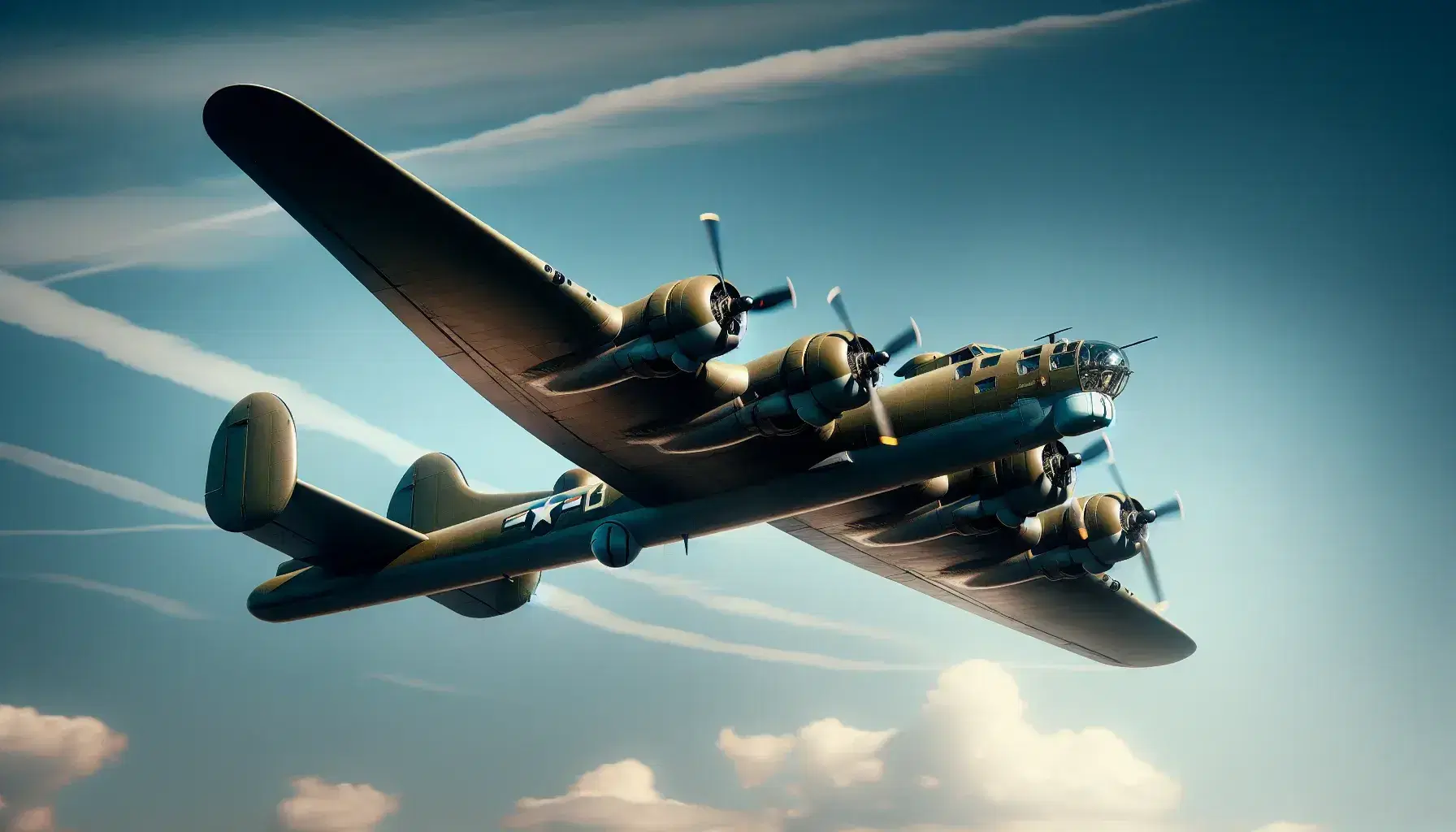 Vintage WWII-era olive green bomber aircraft in flight against a clear blue sky, with propellers spinning and faint clouds in the background.