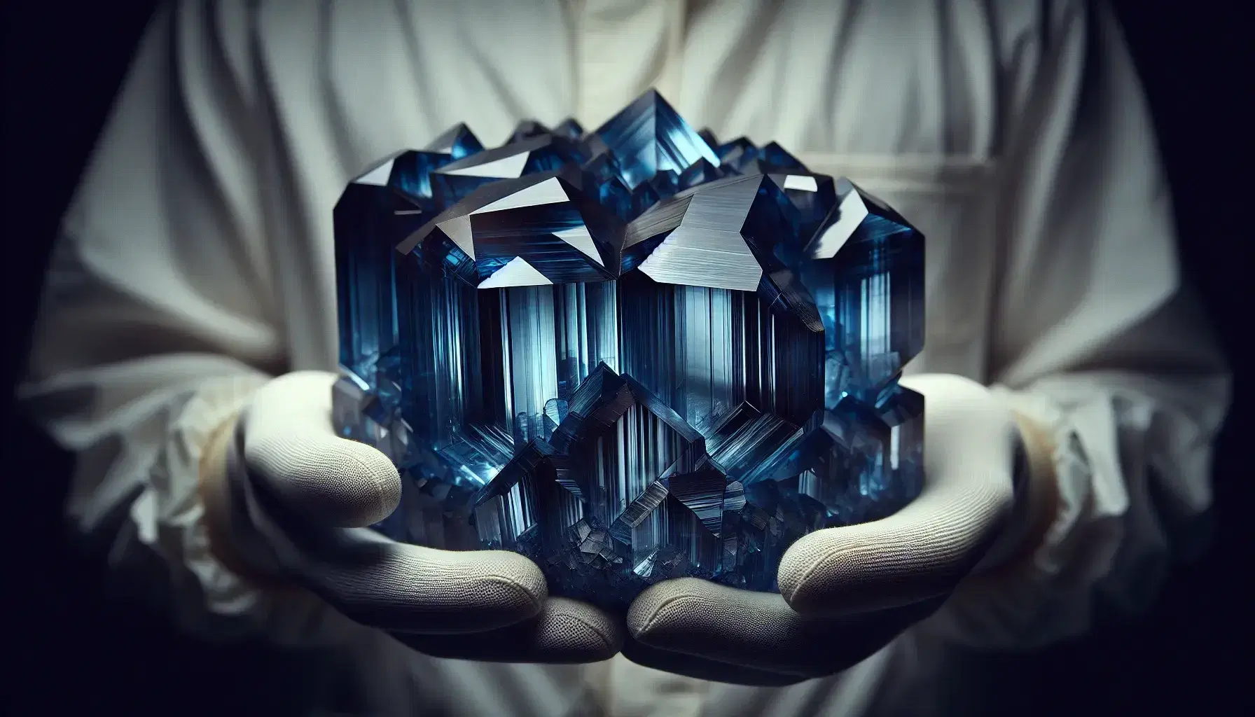 Multifaceted blue crystal held by white-gloved hands against a blurred background, reflecting light in its complex geometries.