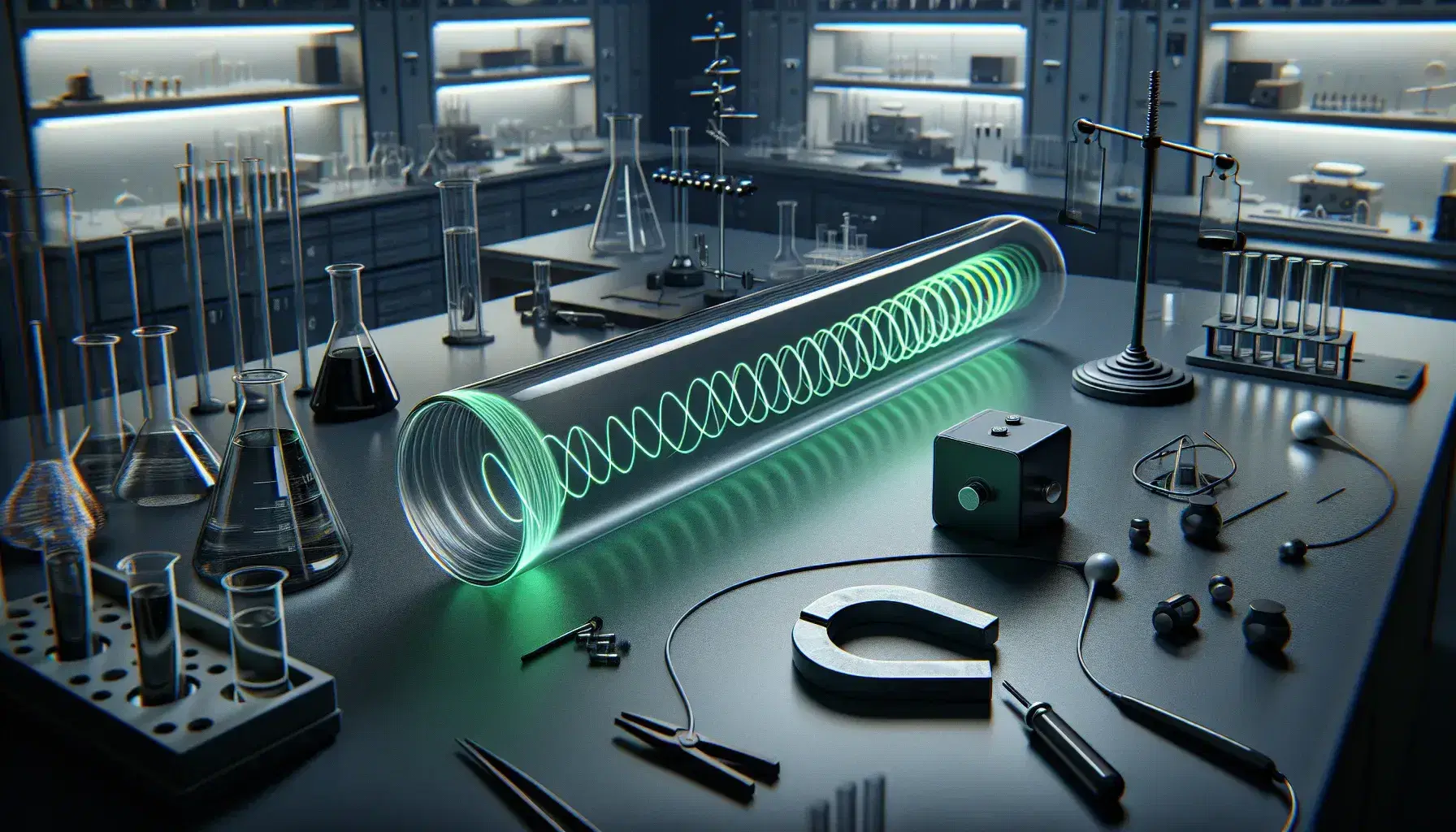 Laboratorio scientifico con tubo di vetro e spirale verde luminosa, magnete a ferro di cavallo, generatore di corrente e attrezzature su scaffali.