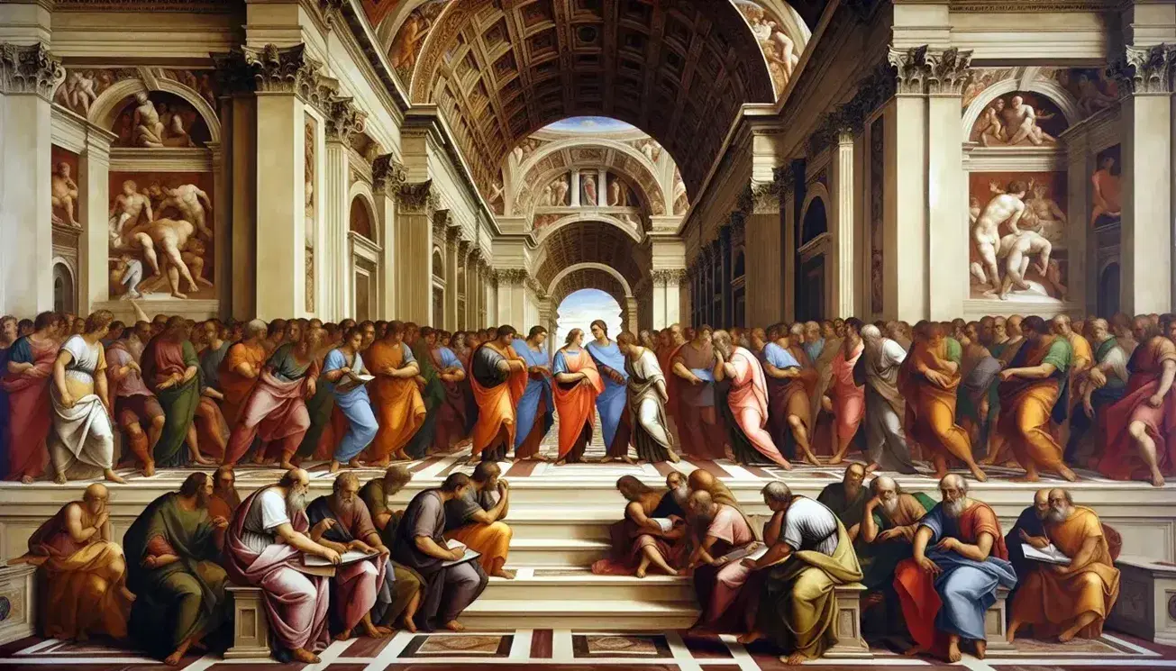 Affresco di Raffaello "La Scuola di Atene" con filosofi classici in una scena di dialogo, circondati da architetture rinascimentali.