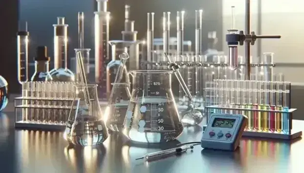 Laboratorio chimico con becher e misuratore di pH, provette colorate in supporto e buretta per titolazione su banco pulito.