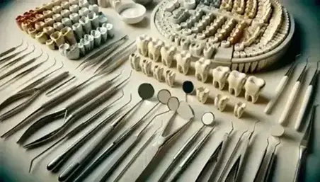Colección de herramientas dentales antiguas y modernas con fórceps metálicos, espejos, espátulas, moldes de dientes y paleta de colores para prótesis.
