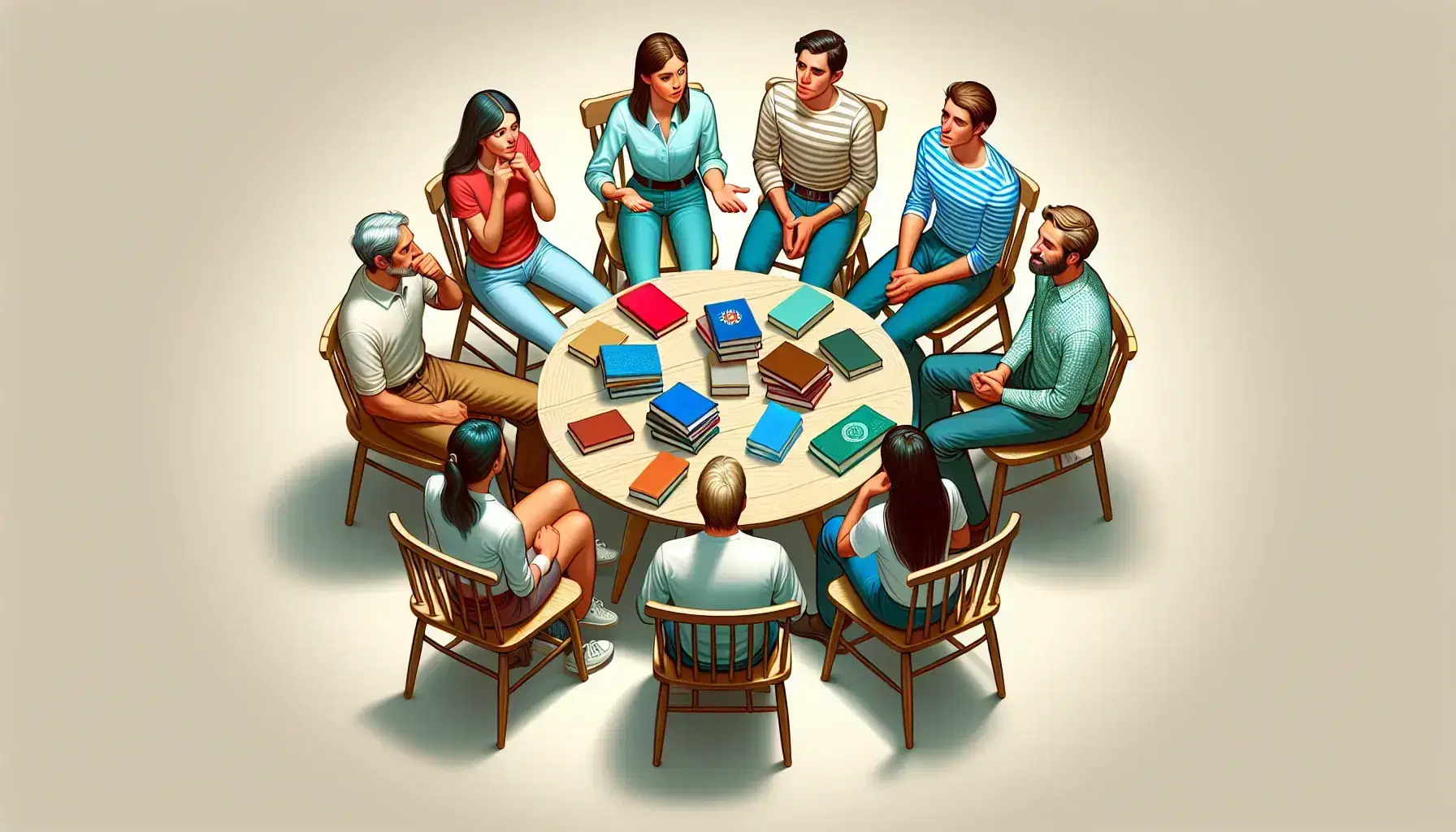 Grupo de seis personas en animada discusión alrededor de una mesa redonda con libros, en un ambiente íntimo y bien iluminado, sin textos visibles.