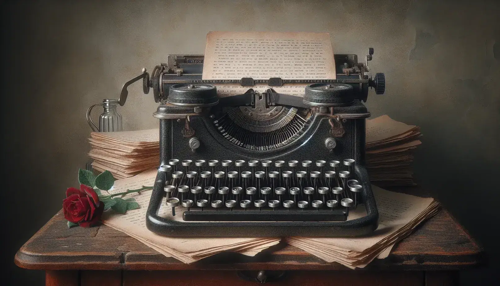 Vintage black typewriter on wooden desk with stack of blank paper and vase of red roses and white lilies, in a softly lit room.