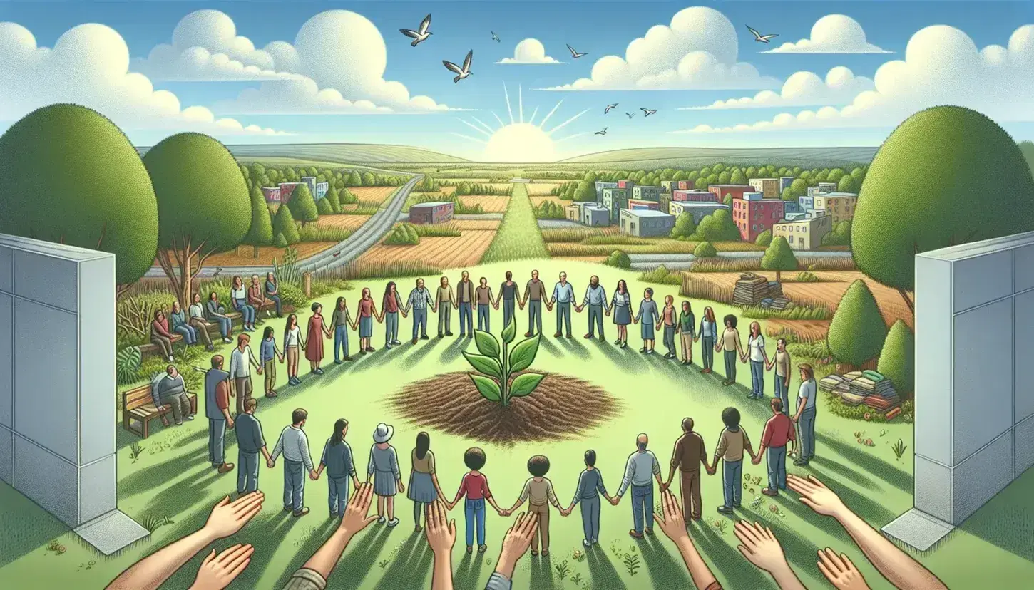 Grupo diverso de personas protegiendo una planta joven en un entorno natural con edificios al fondo y cielo azul parcialmente nublado.