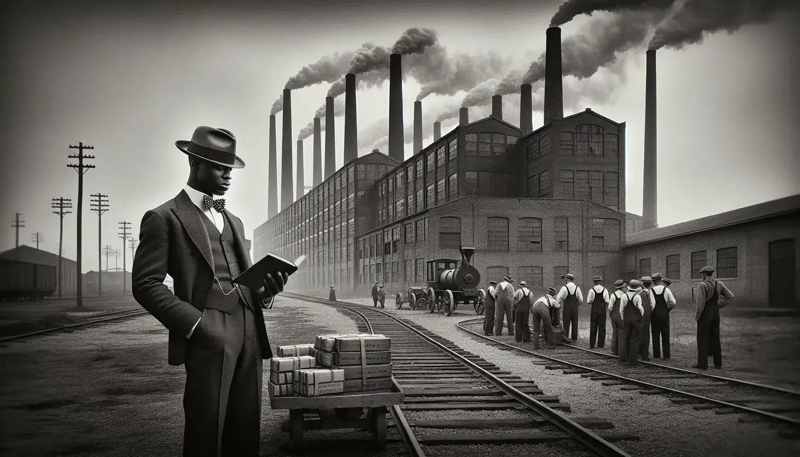 Early 20th-century black and white photo of a well-dressed black man with a book outside an industrial brick building, workers and meat-filled carts in the background.