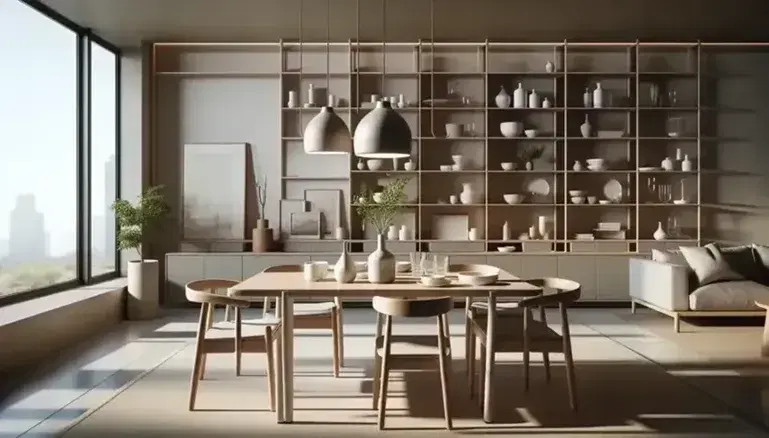 Modern minimalist dining room with light wood table set for meal, modular shelving with decor, large mirror, and cozy living area glimpsed to the side.