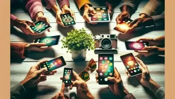 Diverse group engrossed in smartphones and tablets, capturing a photo of a vintage camera, sunglasses, and plant on a wooden surface.