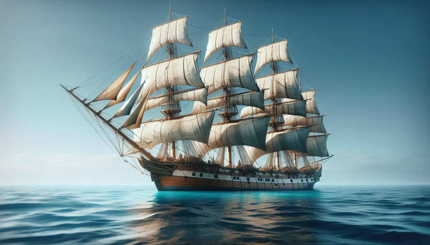 Three-masted sailing ship with billowing white sails on a calm blue ocean, clear sky above, and distant land on the horizon, reflecting the Age of Exploration.