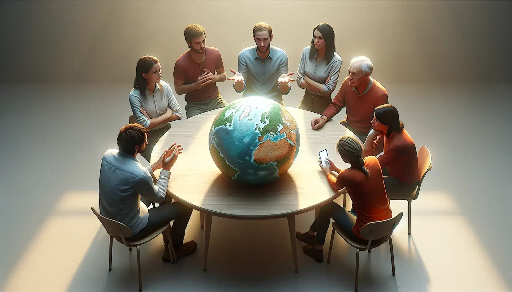 Grupo de cinco personas de diversas edades interactuando alrededor de una mesa con un globo terráqueo, en una habitación iluminada naturalmente.