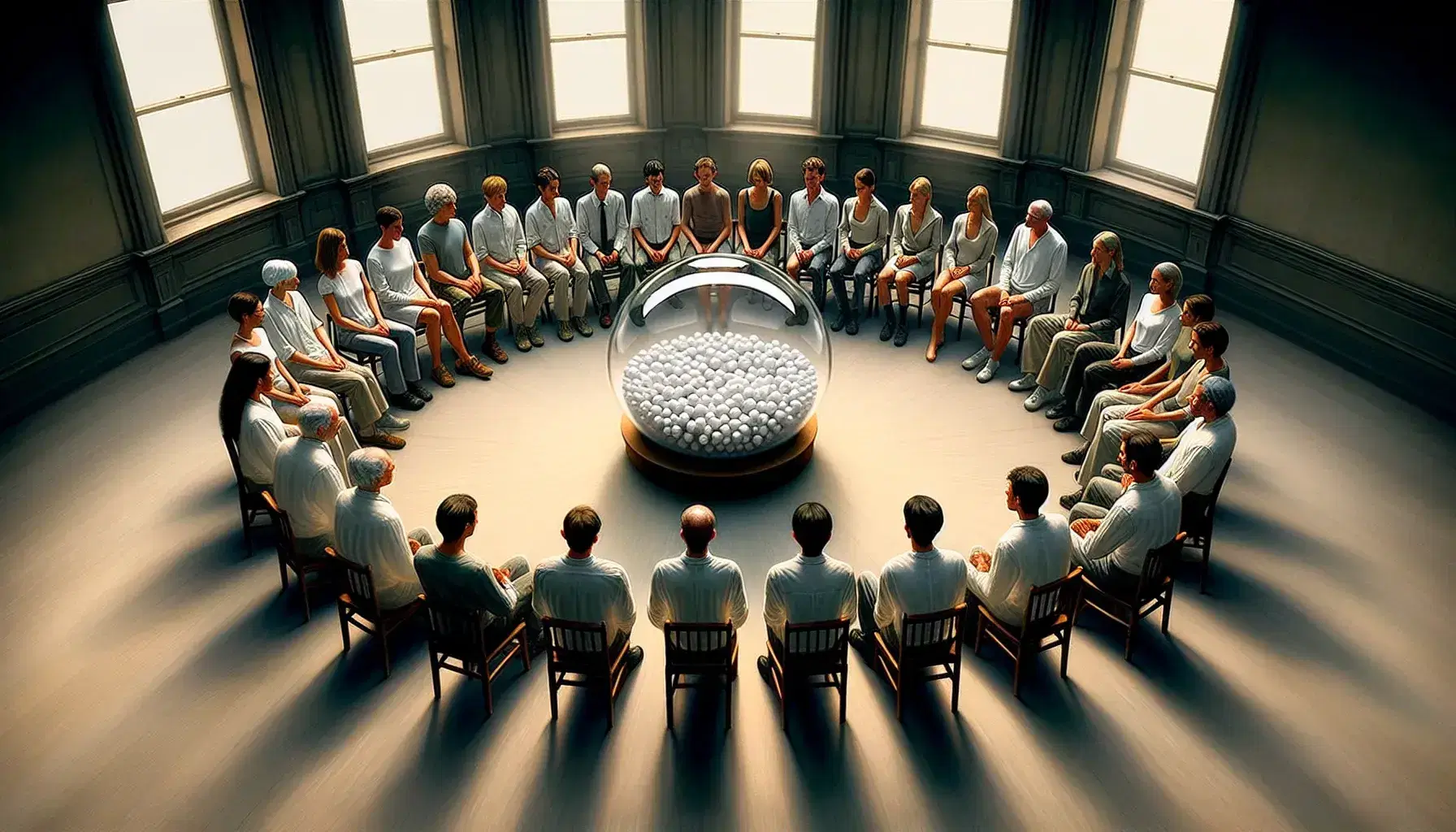 Group of people sitting in a semicircle observe a glass container with white balls, in a naturally lit and simply furnished room.